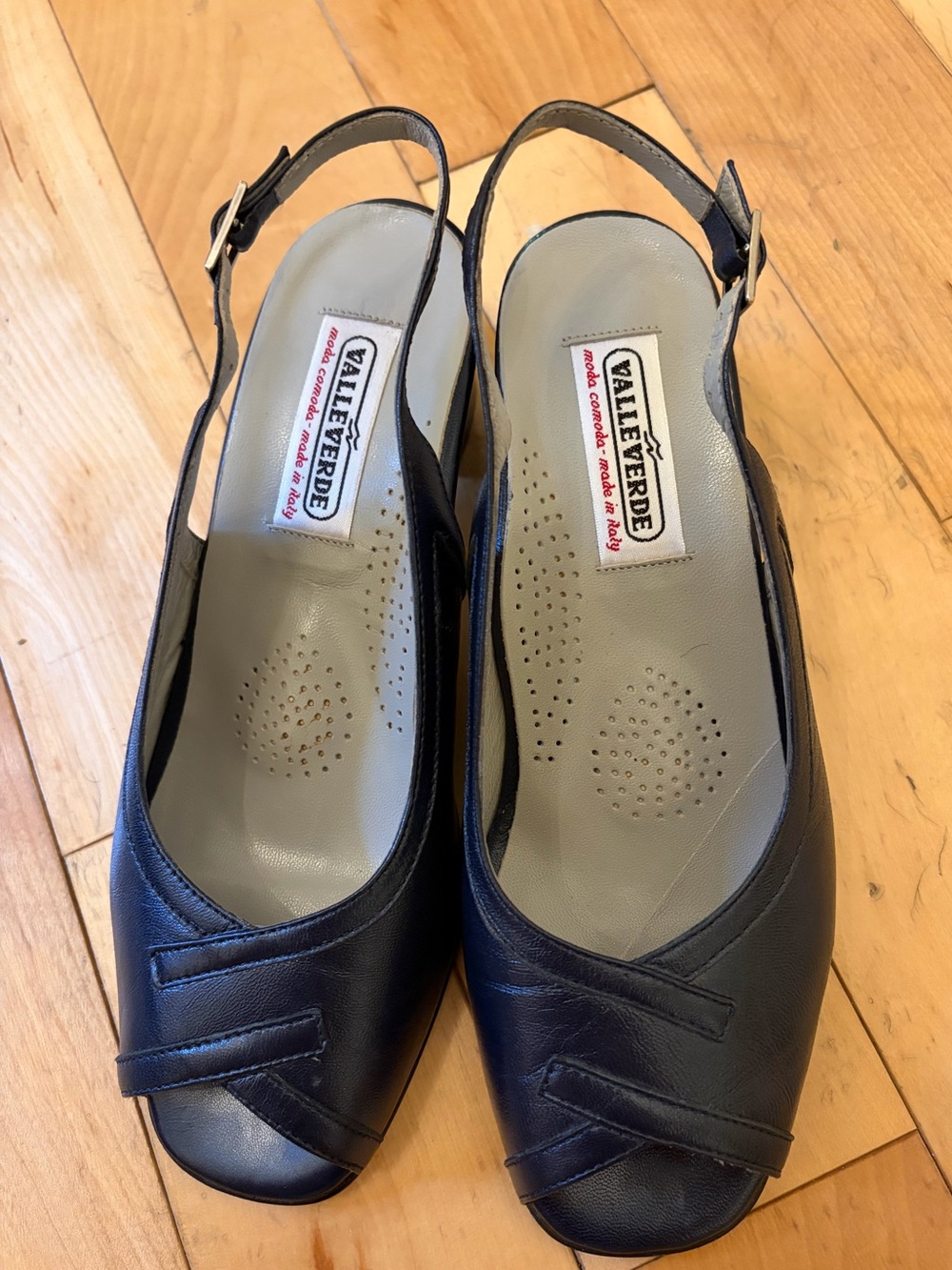 Navy Genuine Leather Slingback Peep-Toe Block Heels